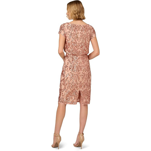 Adrianna Papell Sequin Short Dress Rose Gold Sparkle Floral Coquette Size 10 - Picture 2 of 6